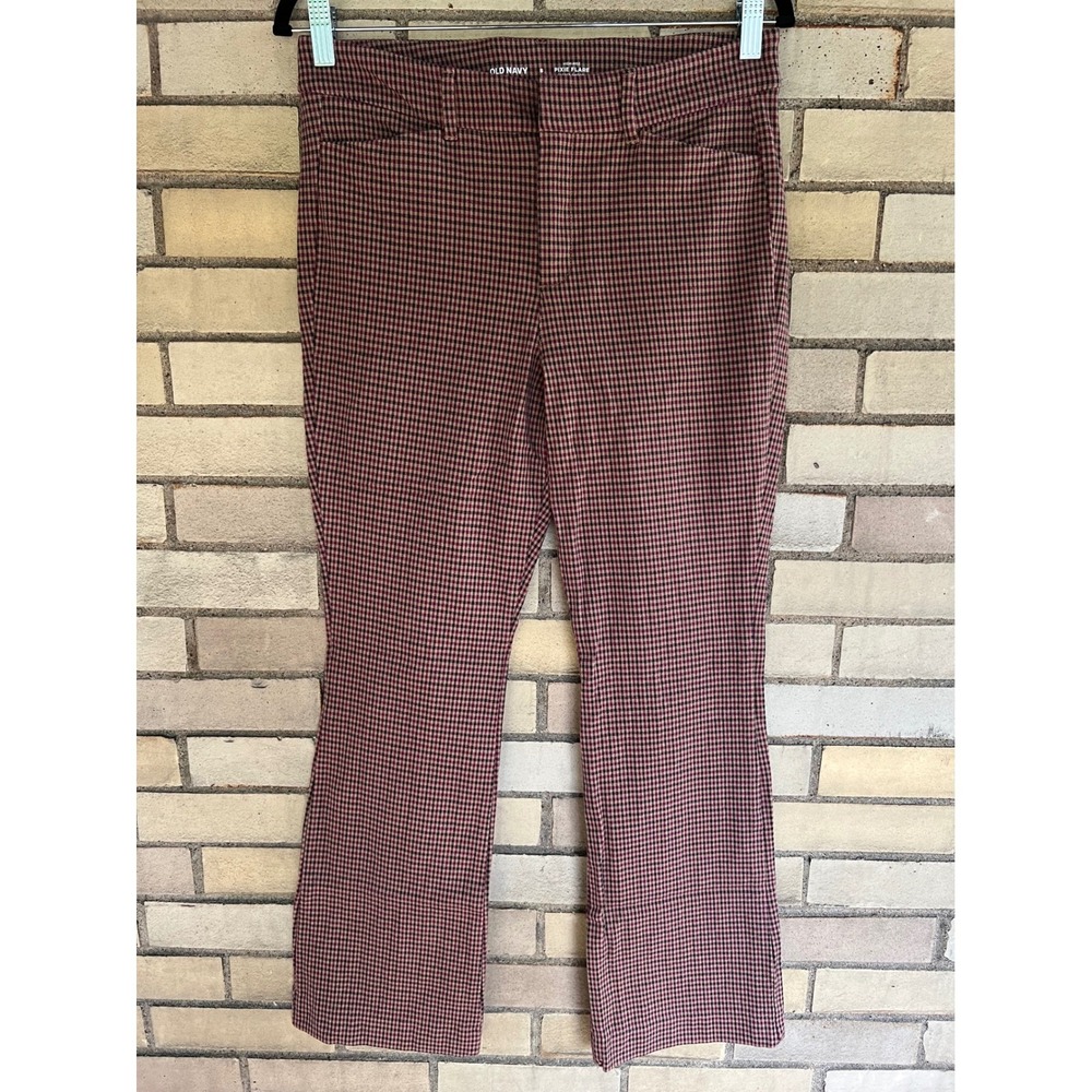 Old Navy High-Rise Pixie Flare Gingham Pants Burgundy Brown Black Size 8 Stretch